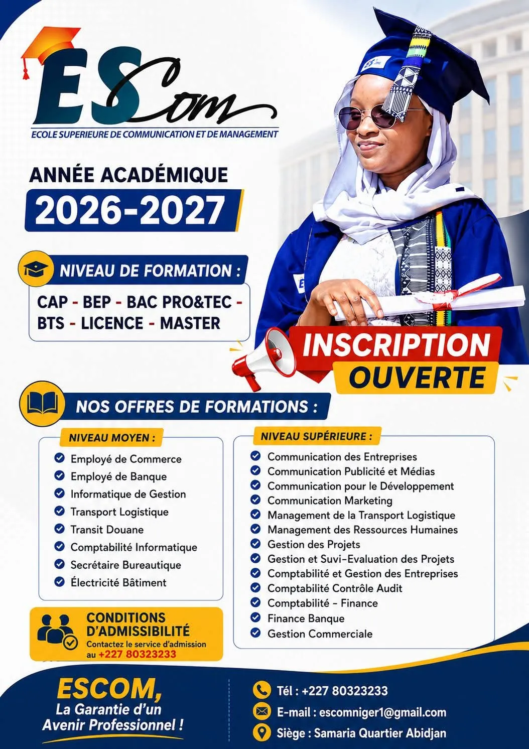 Affiche officielle ESCOM – inscriptions ouvertes, année académique 2026–2027